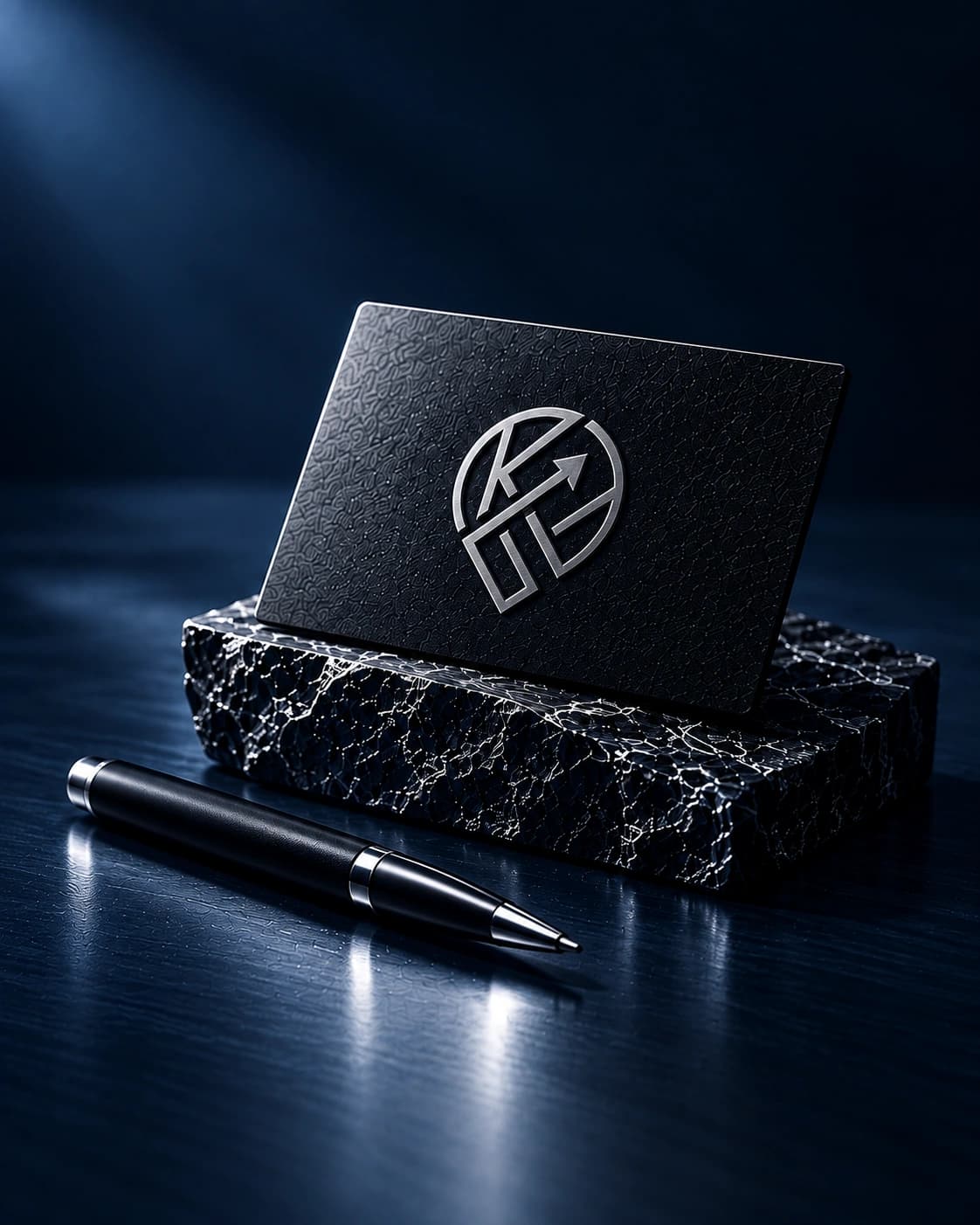 KKE monogram on a navy business card with a marble holder and silver-trimmed pen